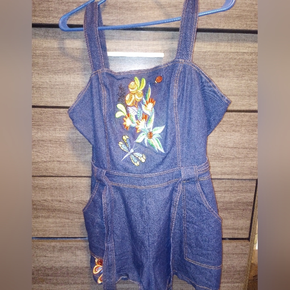 Voodoo Vixen Denim Romper with Floral Embroidery